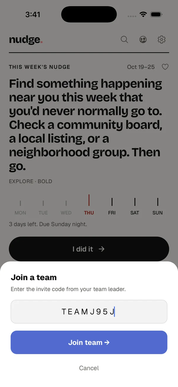 The nudge. app on an iPhone with a 'Join a team' sheet open. The invite code TEAMJ95J is typed in, above a 'Join team' button.