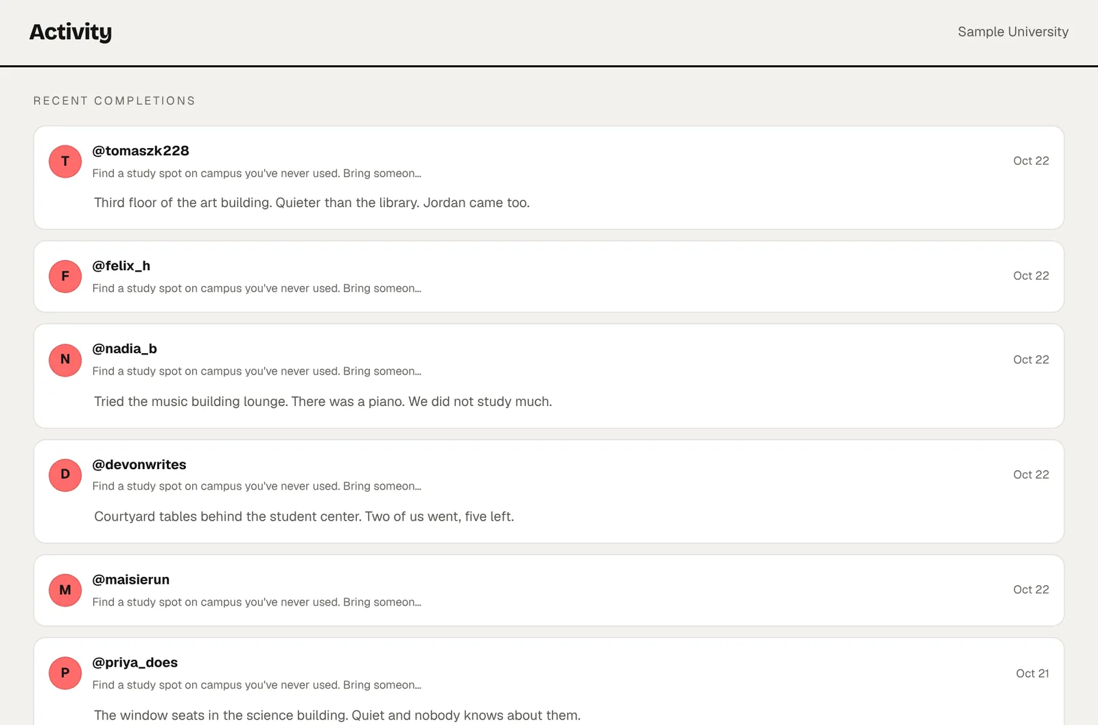 The Activity page in the portal listing recent completions. Each shows a member's username, the challenge, the date, and some include a short note, such as 'Third floor of the art building. Quieter than the library. Jordan came too.' and 'Tried the music building lounge. There was a piano. We did not study much.'