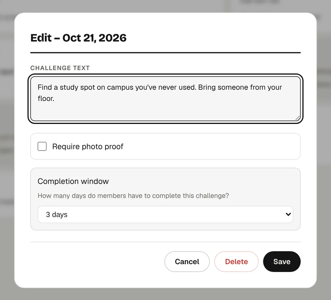 The challenge window in the portal for October 21. The challenge text reads 'Find a study spot on campus you've never used. Bring someone from your floor.' Require photo proof is unchecked, and the completion window is set to 3 days.