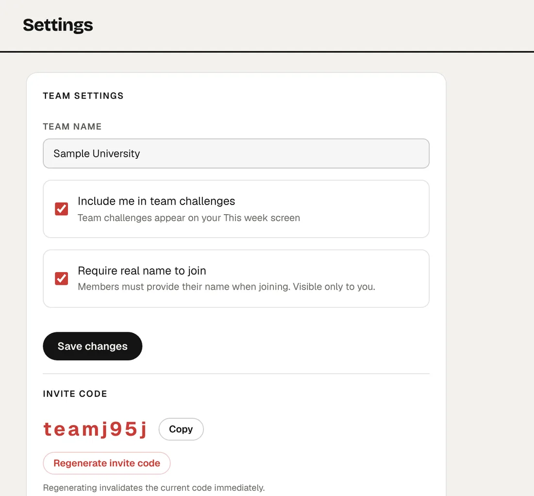 Team settings in the portal: the team name 'Sample University', options to include yourself in team challenges and to require a real name to join, and the team's invite code with a Copy button.